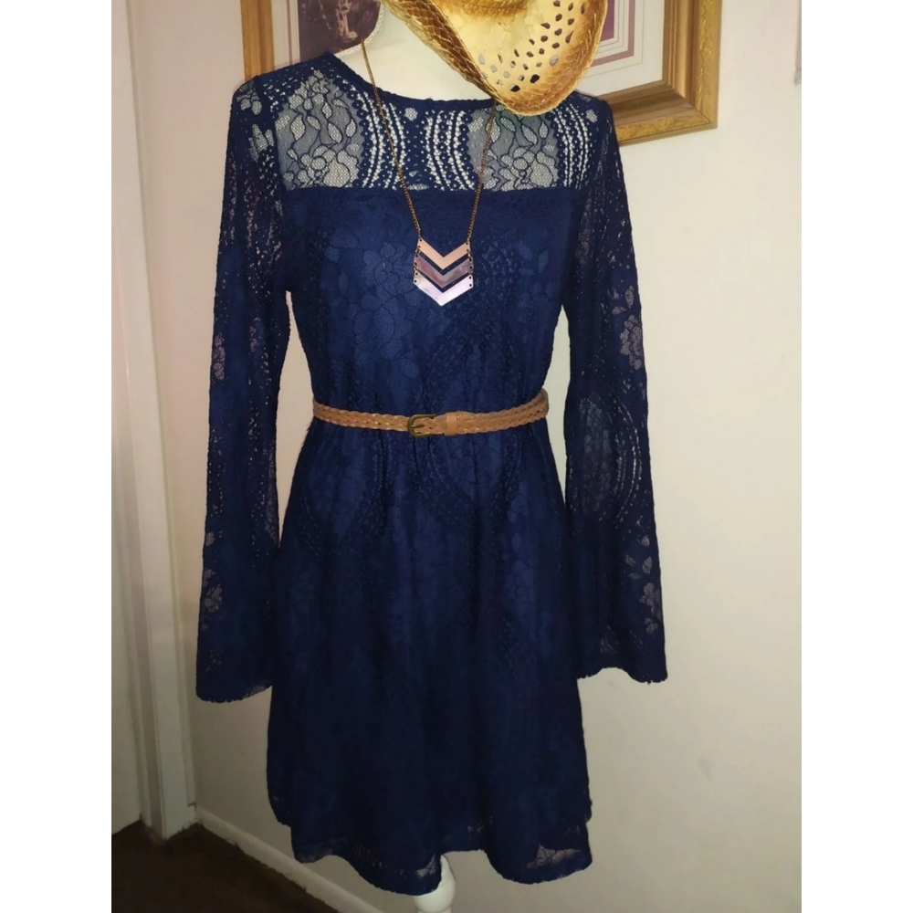 NAVY BLUE LACE BOHO BELL SLEEVE DRESS